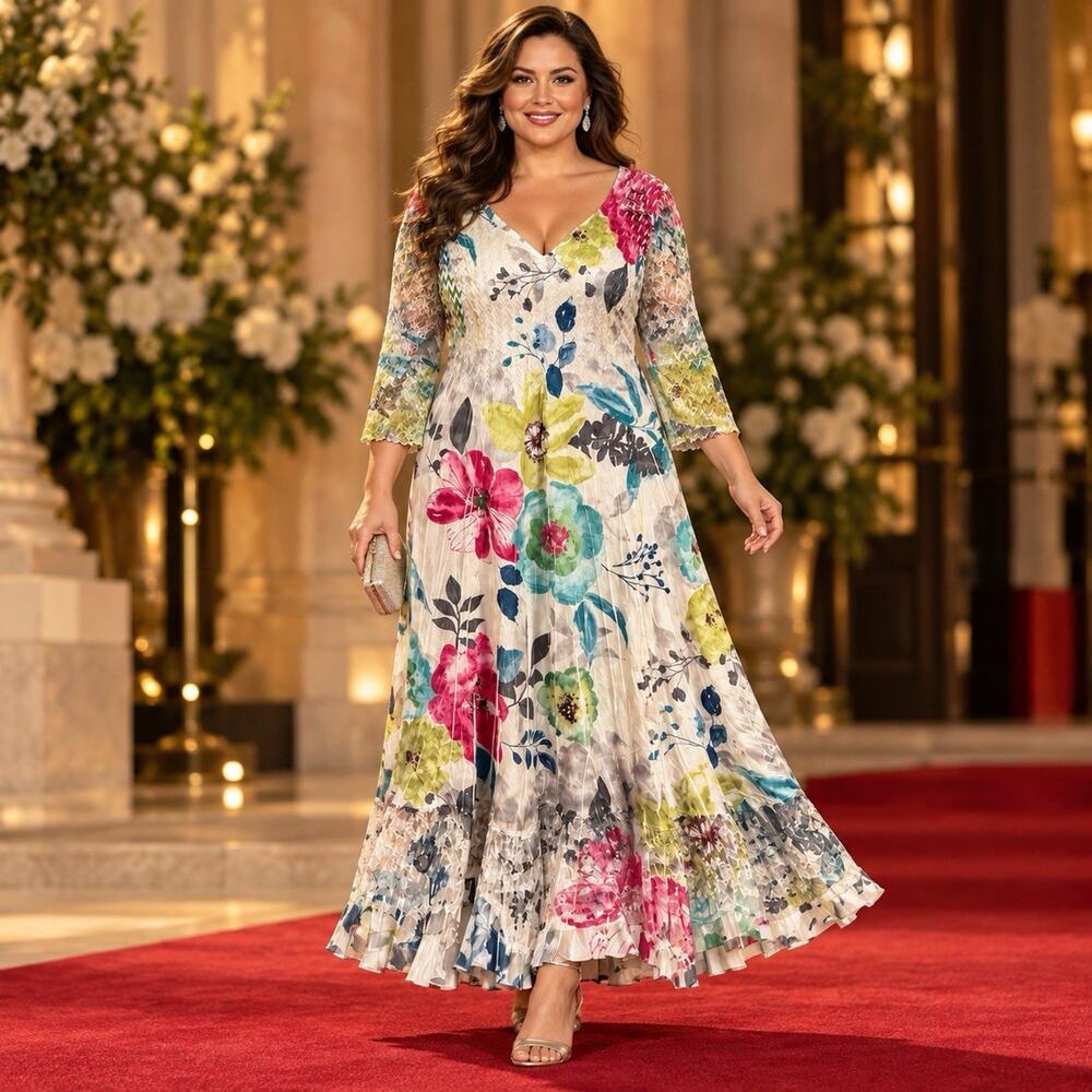 Komarov 1X Floral Pleated Maxi Dress Lace 3/4 Sleeve Art To Wear USA Designer